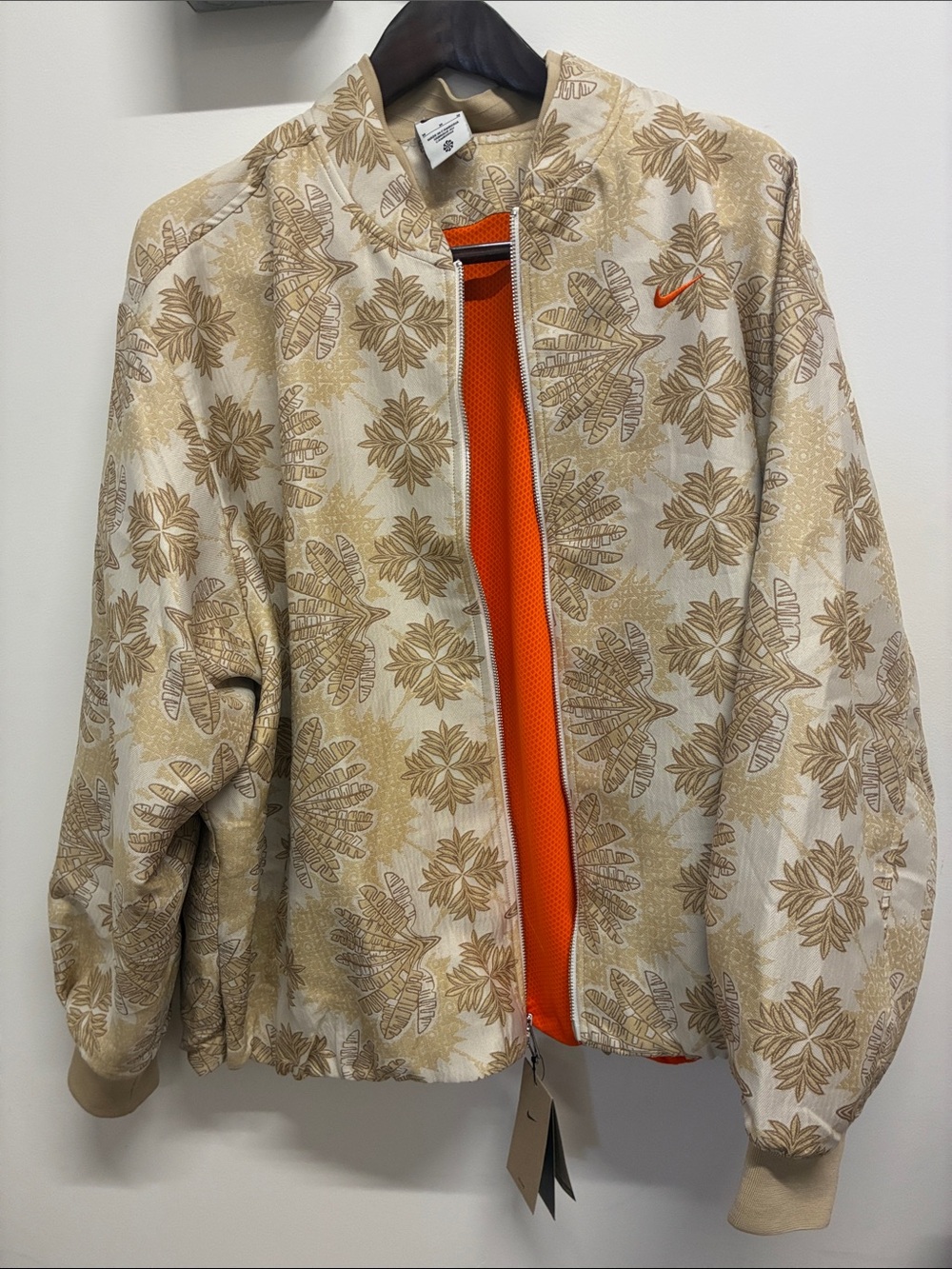 Nike Naomi Osaka Beige Tan Floral-Print Bomber Jacket with Orange Interior
